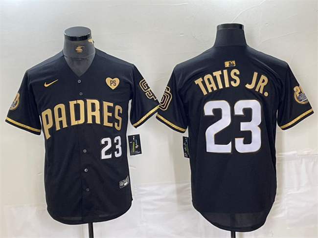 Men's San Diego Padres #23 Fernando Tatis Jr. Black Gold With Patch Cool Base Stitched Baseball Jersey
